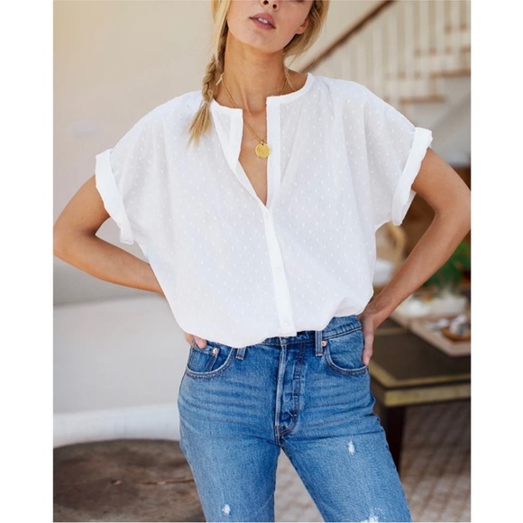 Emerson Fry Tops - Emerson Fry White Swiss Dot Short Sleeve Button Front Blouse